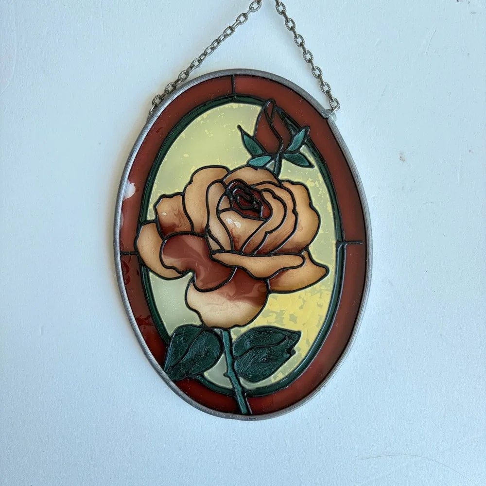 Vintage 1987 JBD Oval Rose Stained Glass Suncatcher Amber Burgundy Floral Art